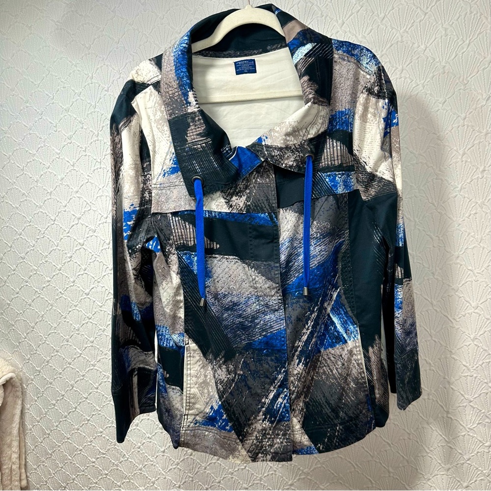 Vintage Jockey Men’s Size XL Blue Abstract Art Deco Grandpa Jacket Mock Neck